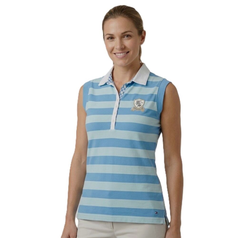 Tommy Hilfiger Women’s Sport Golf Polo Shirt Size L Blue Striped Sleeveless